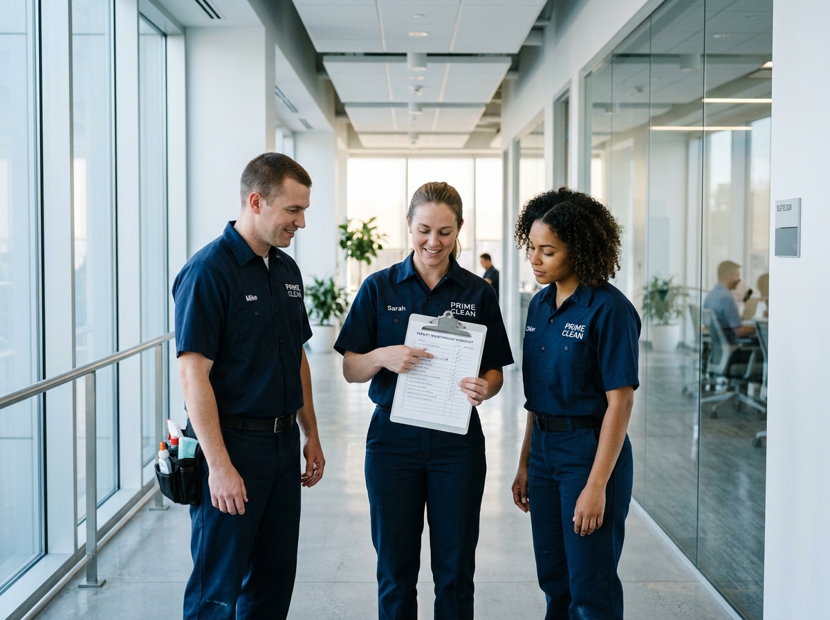 Prime Clean crew reviewing a facility walkthrough checklist