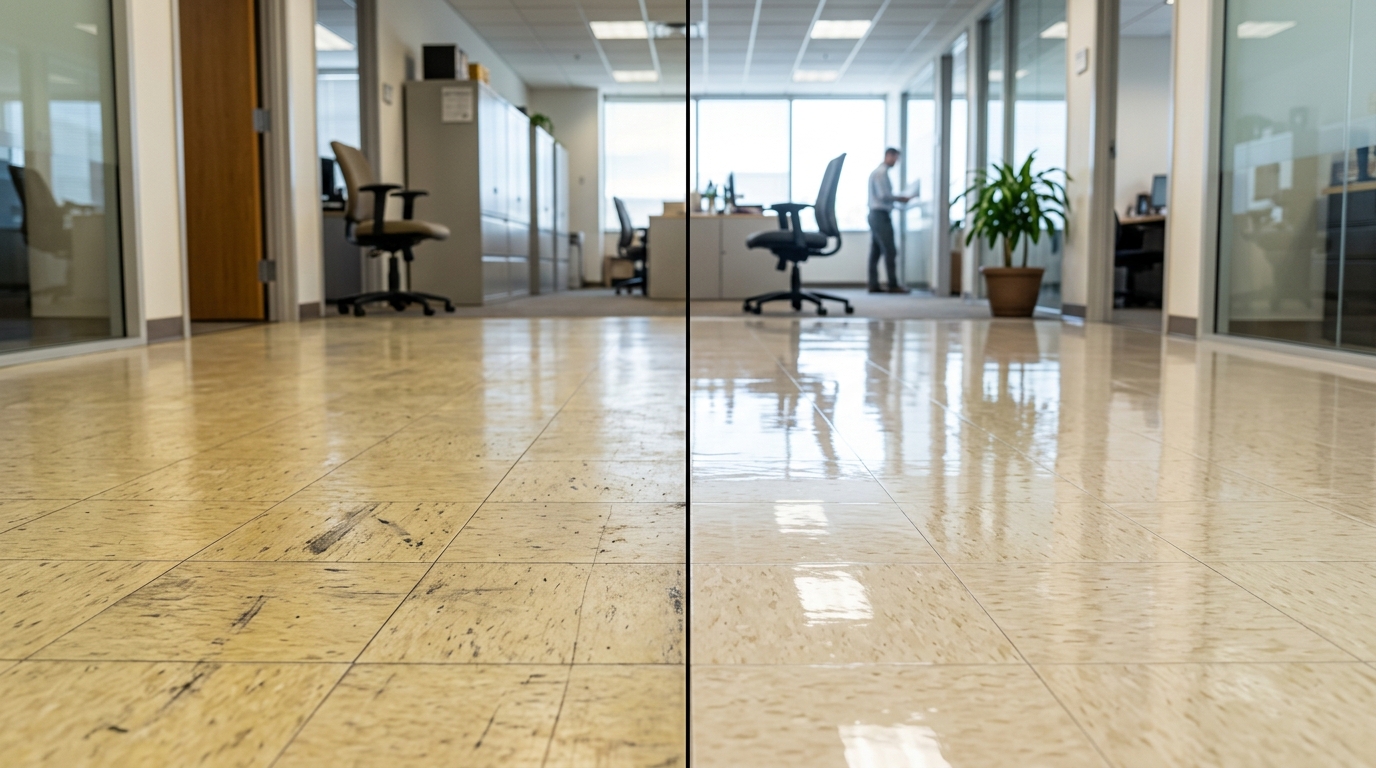 Commercial floor strip and wax transformation