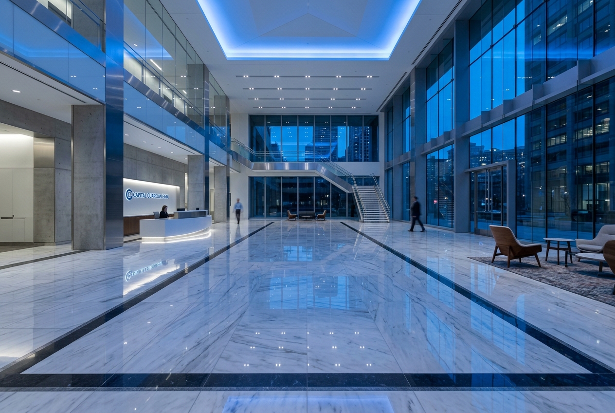 Bank branch lobby and teller counter polished to mirror-finish executive standards