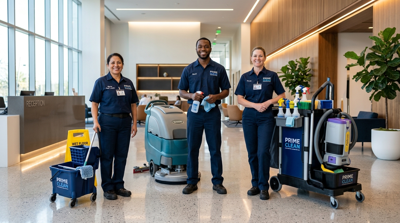 Prime Clean uniformed janitorial team with professional cleaning equipment and supplies